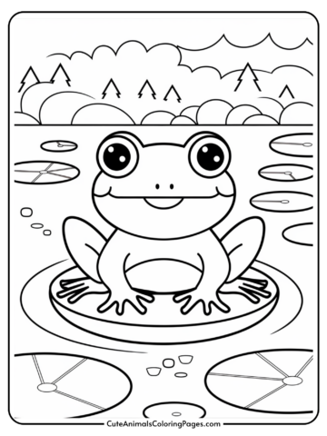 Cartoon frog sitting on a lily pad in a pond with lily pads, clouds, and trees in the background.