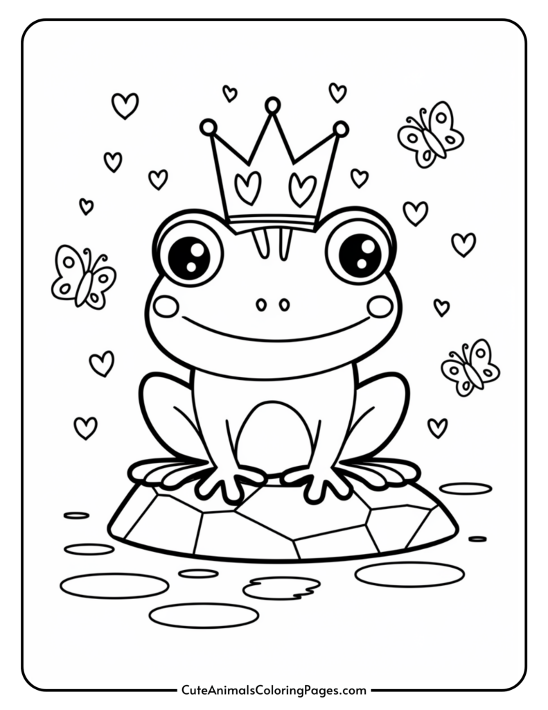 A cartoon frog wearing a crown, sitting on a rock surrounded by butterflies and hearts.