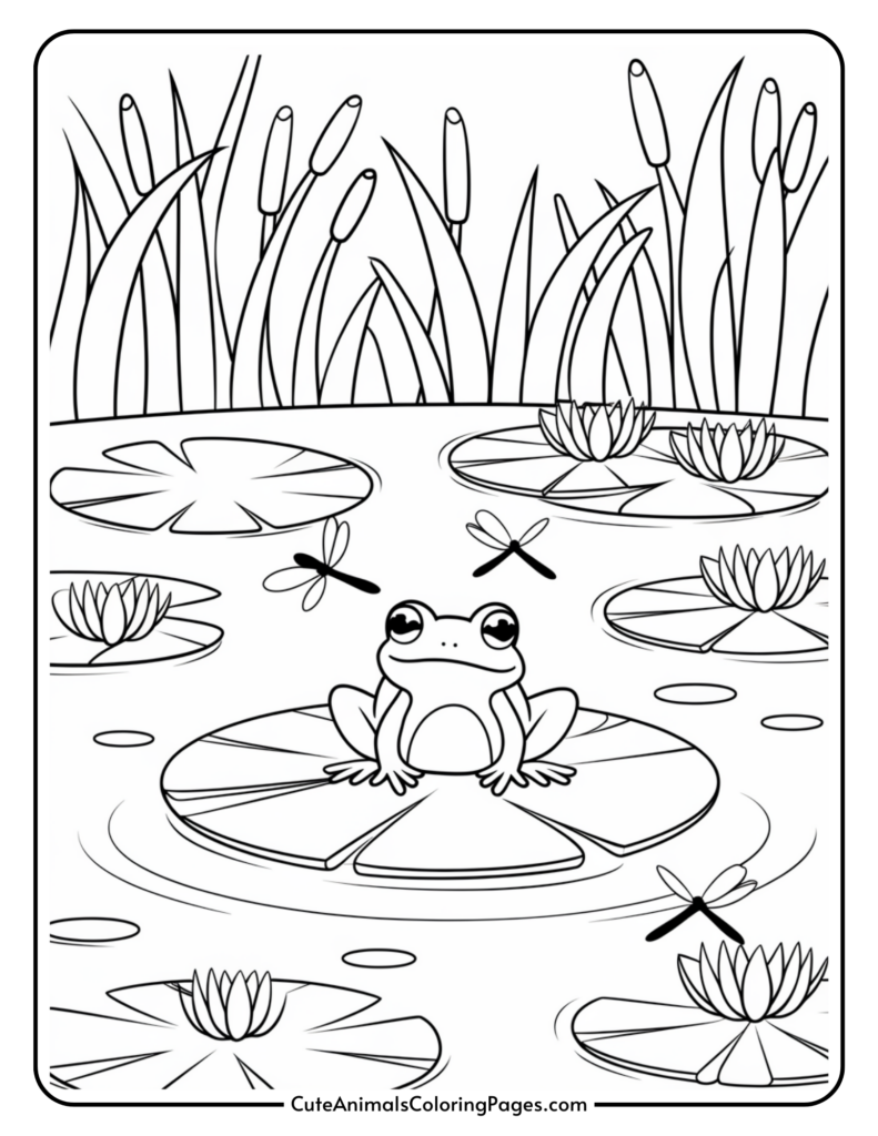 A cute frog sitting on a lily pad in a pond surrounded by cattails, lily pads, and dragonflies.