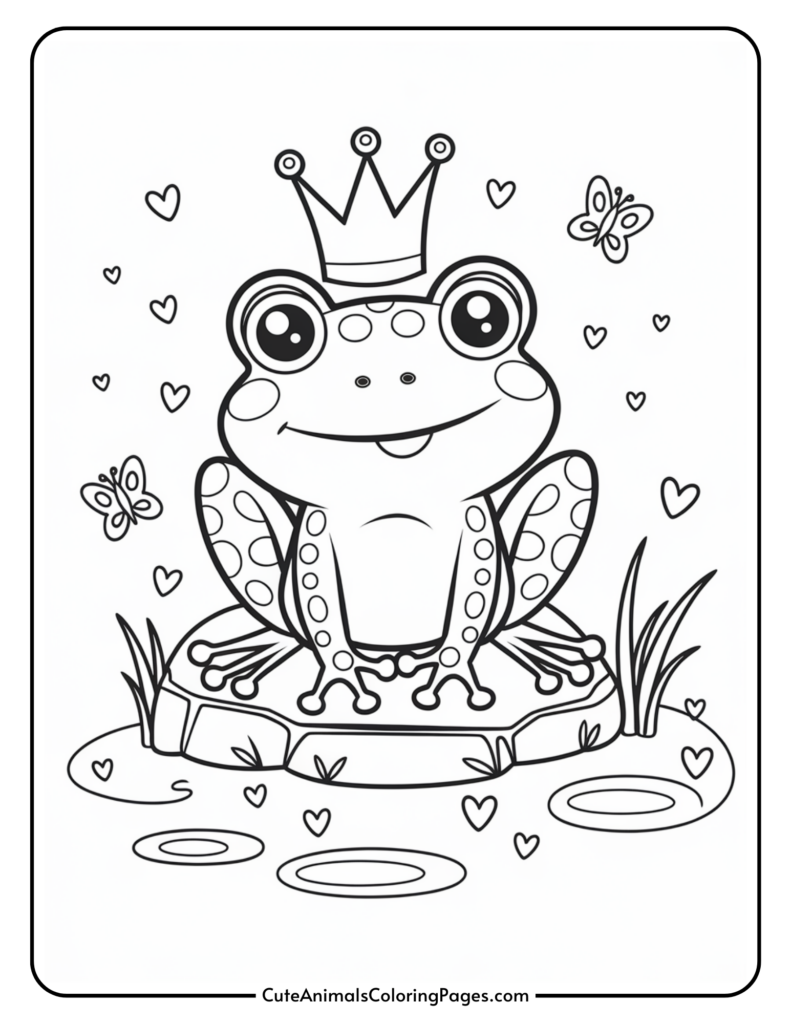 A cartoon frog wearing a crown sits on a lilypad, surrounded by hearts and butterflies.