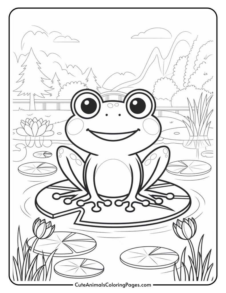 A cartoon frog sitting on a lily pad in a pond, surrounded by water lilies and plants, with mountains and trees in the background.