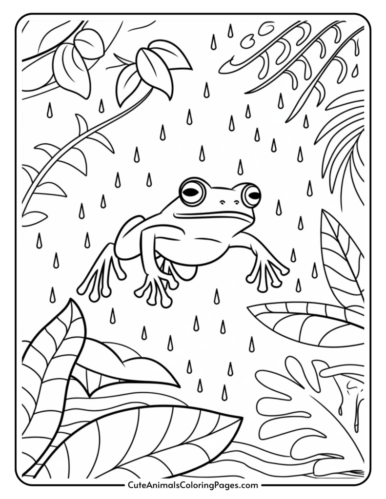 A coloring page of a frog in a rainforest with raindrops and tropical plants.