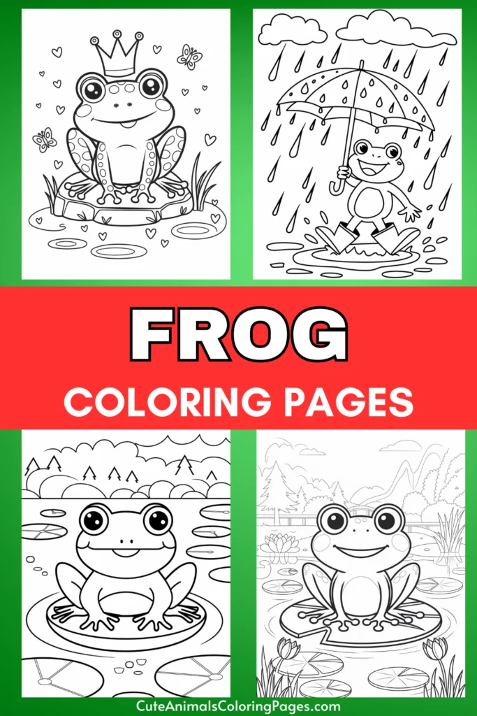 Frog coloring pages with various frog illustrations, including a crown-wearing frog and a frog with an umbrella.