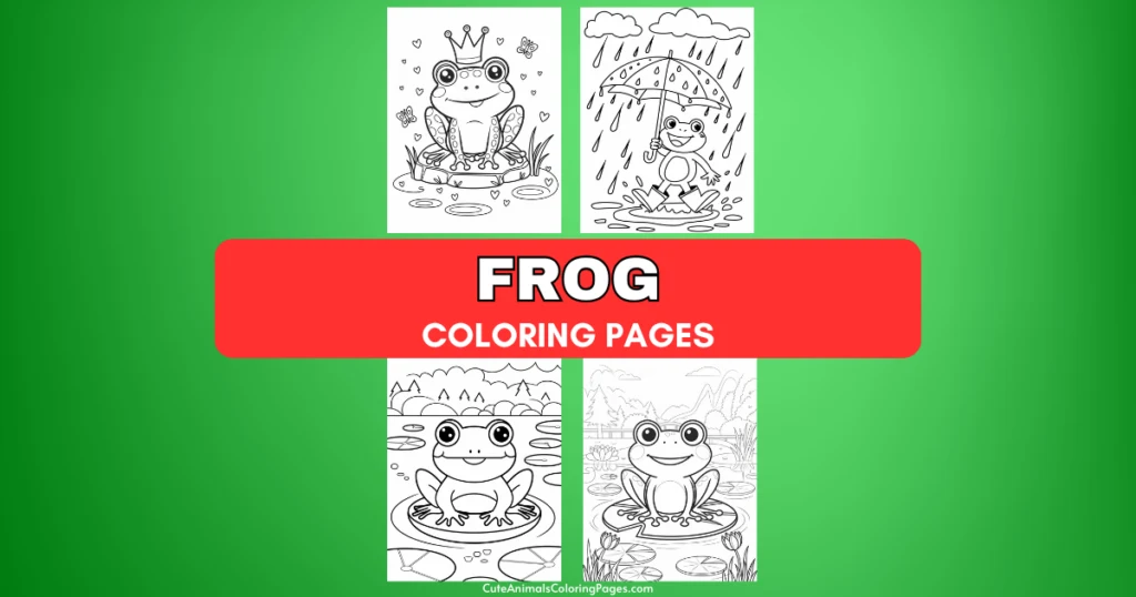 Frog coloring pages with four different frog illustrations on a green background.