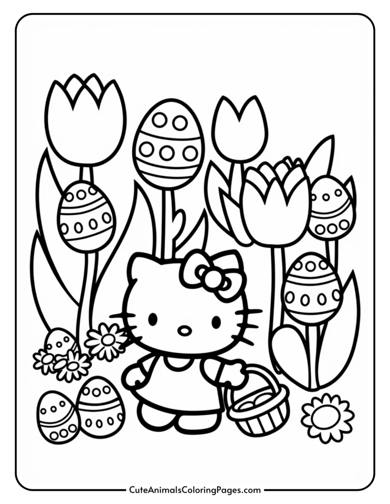 Cartoon cat with a bow holding a basket among decorated eggs and tulips.