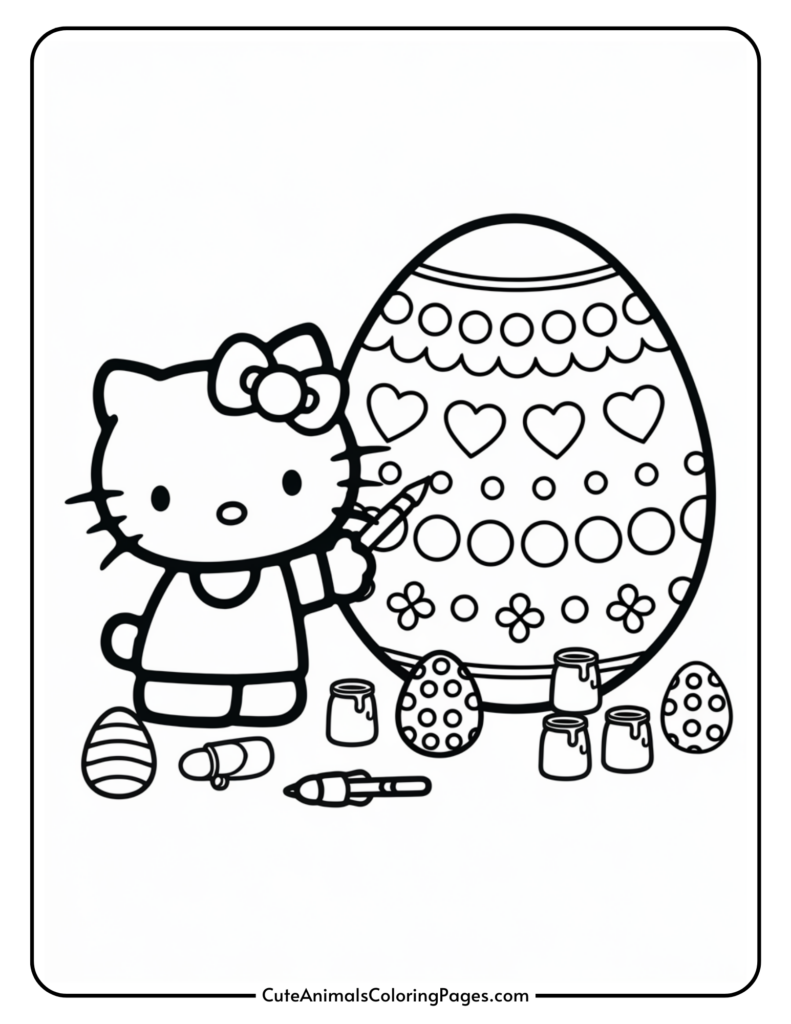 Cartoon cat character painting a large Easter egg with various patterns, surrounded by smaller decorated eggs and paint jars.