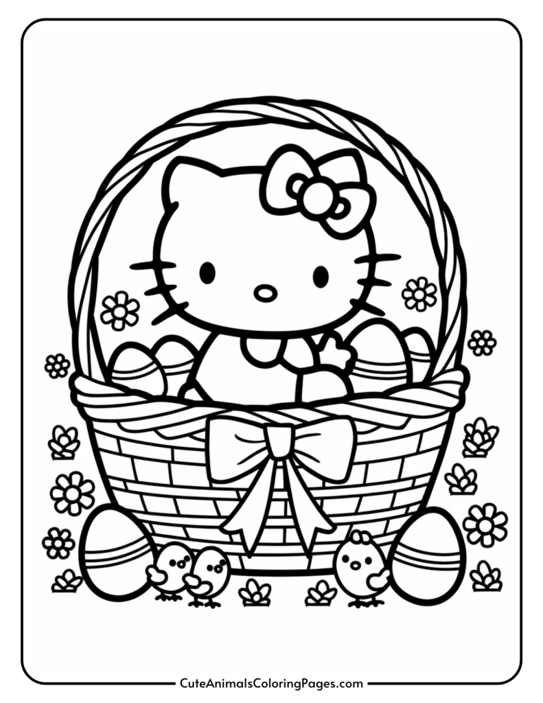 A cartoon cat sitting in a woven Easter basket with eggs, surrounded by flowers and small birds.