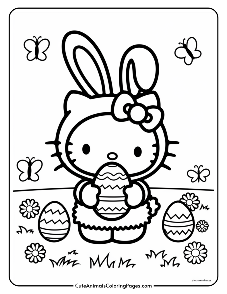 Cartoon cat wearing bunny ears, holding a decorated egg, surrounded by flowers and butterflies.