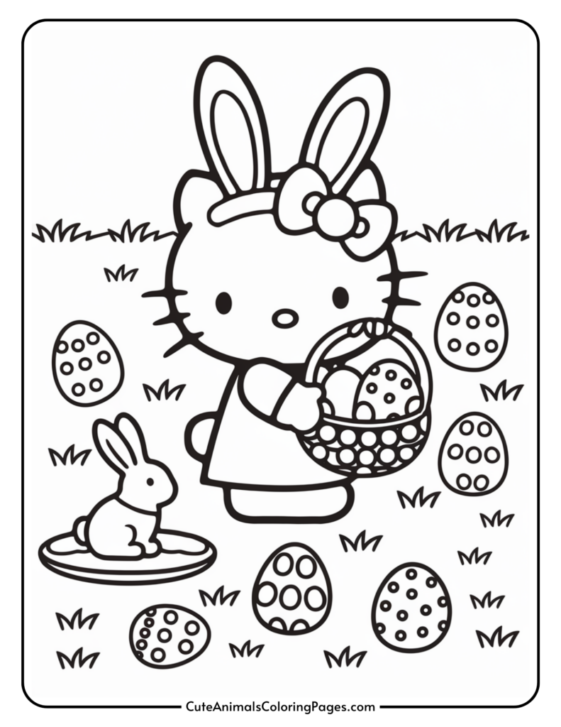 A cartoon character with bunny ears holding an Easter basket, surrounded by decorated eggs and a small rabbit.