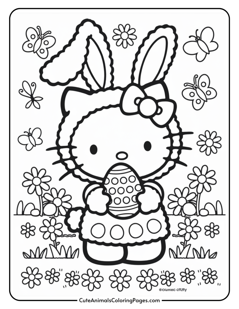 Cartoon character dressed as a bunny holding an Easter egg, surrounded by flowers and butterflies.