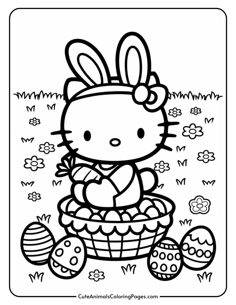 Cartoon character with bunny ears sitting in a basket surrounded by Easter eggs and flowers.