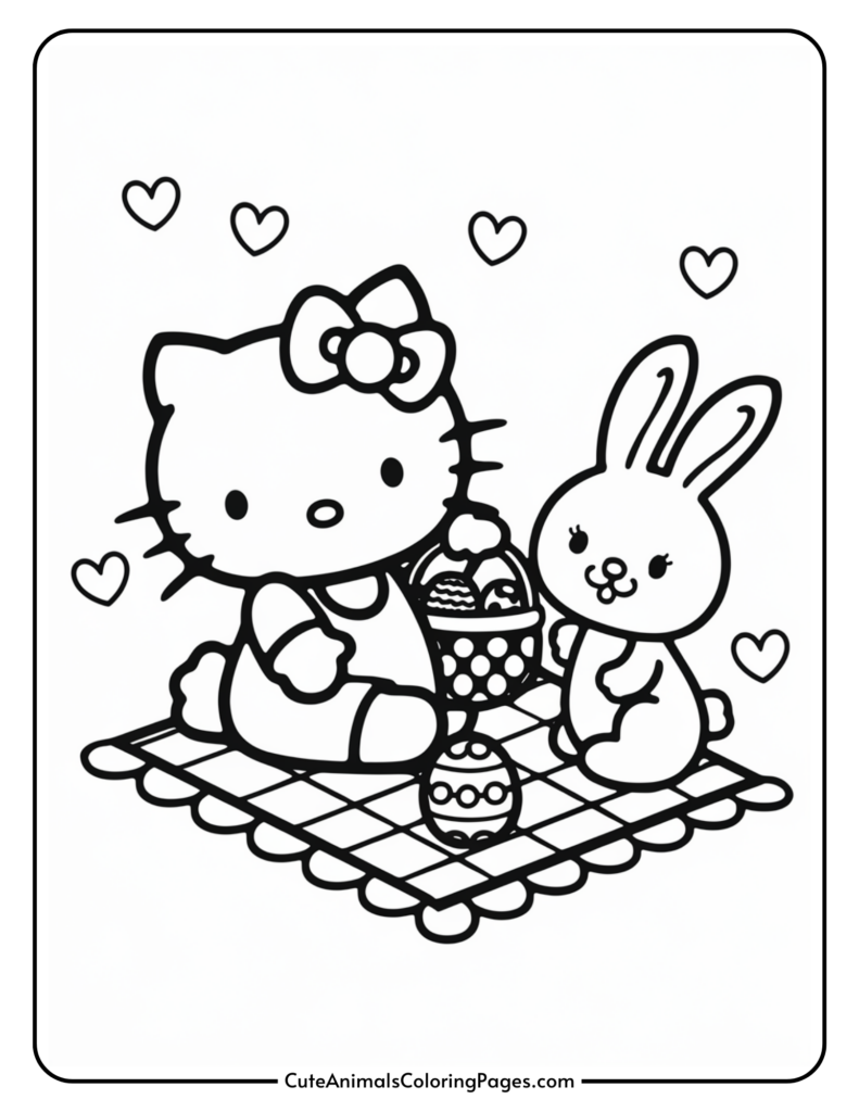 Cartoon cat and rabbit sitting on a picnic blanket with a basket of decorated eggs, surrounded by hearts.