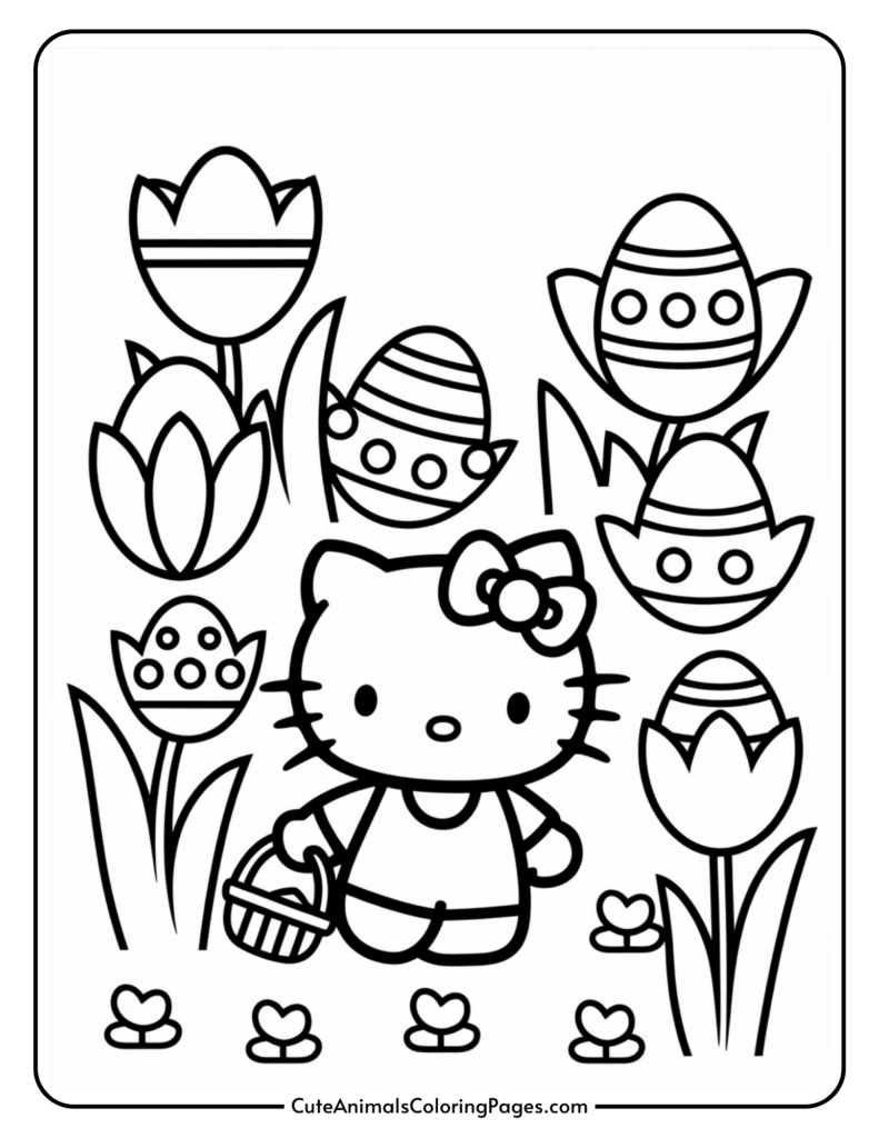 A cartoon cat wearing a bow and holding a basket, surrounded by large tulips and Easter eggs.