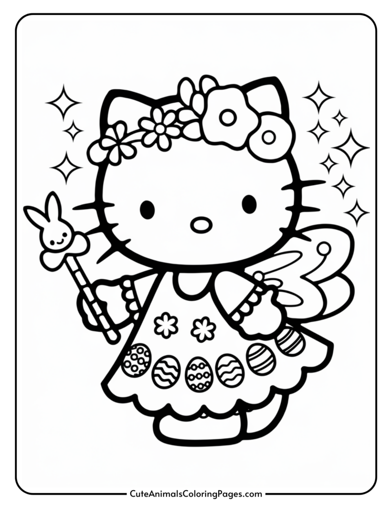 Cartoon cat character dressed in a decorated outfit with a floral crown and bunny wand, surrounded by sparkles.