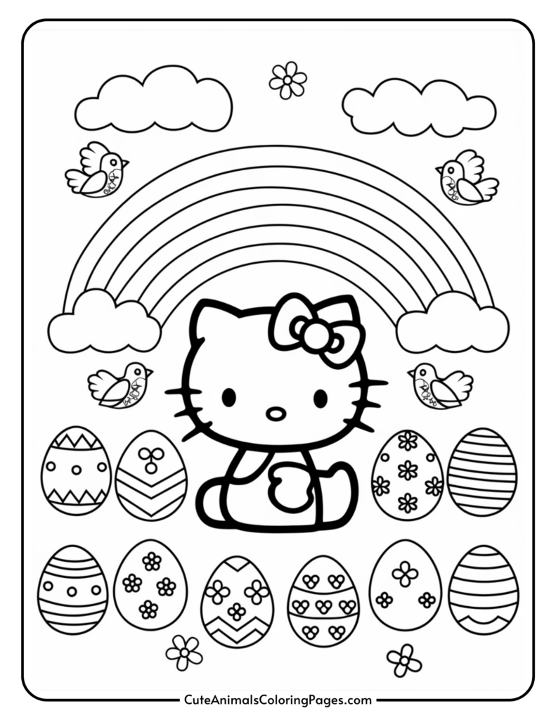 Cartoon cat surrounded by decorated eggs, birds, clouds, and a rainbow.