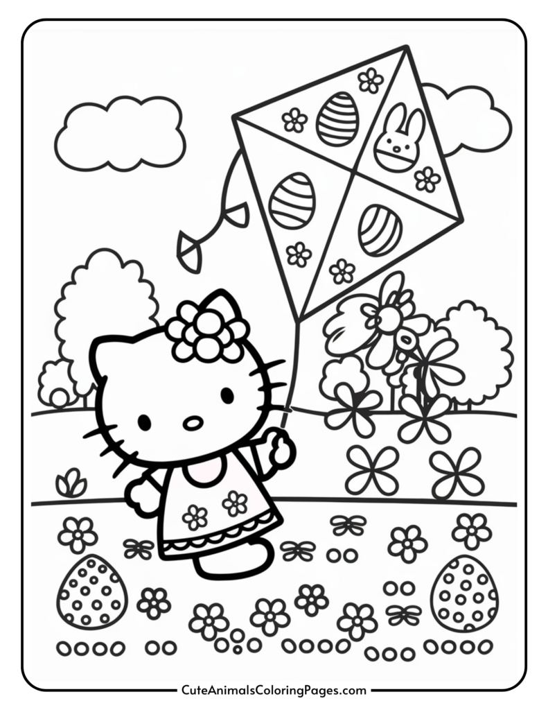 Cartoon cat character holding a kite decorated with Easter eggs and a bunny, standing in a field with flowers and trees.