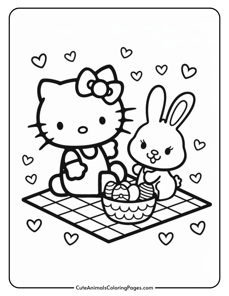 Coloring page featuring a cute cartoon cat with a bow and a rabbit sitting on a picnic blanket, surrounded by hearts, with a basket of eggs between them.