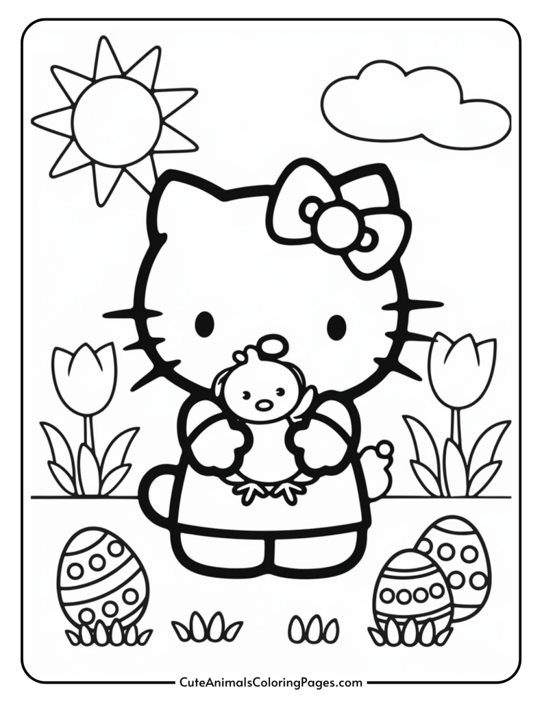 A cartoon character holding a baby chick, surrounded by tulips, decorated eggs, a sun, and a cloud in a coloring page.