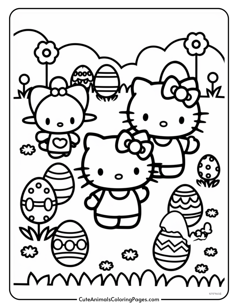 Hello Kitty and friends in a garden with decorated Easter eggs and flowers.