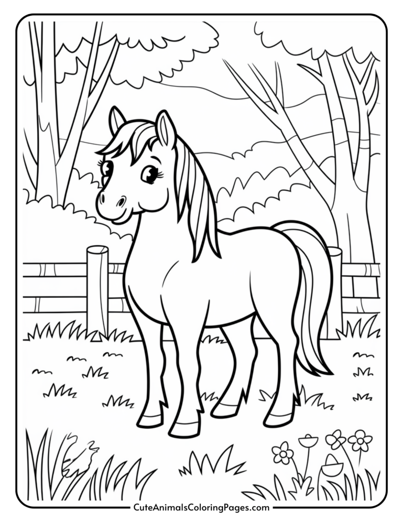 Cartoon horse standing in a grassy field with trees and a fence in the background.