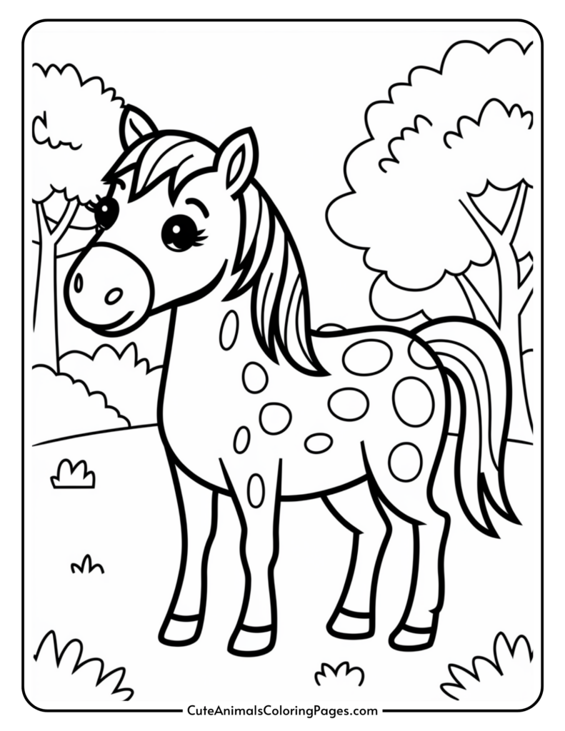 A cartoon horse with spots standing in a grassy landscape with trees.