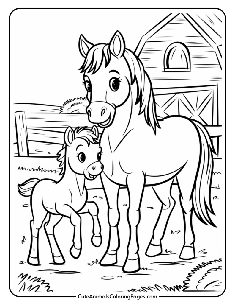 Illustration of a horse and foal standing together in front of a barn.