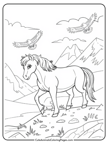 A cartoon horse standing on a mountain path with two birds flying above, surrounded by clouds and mountains.