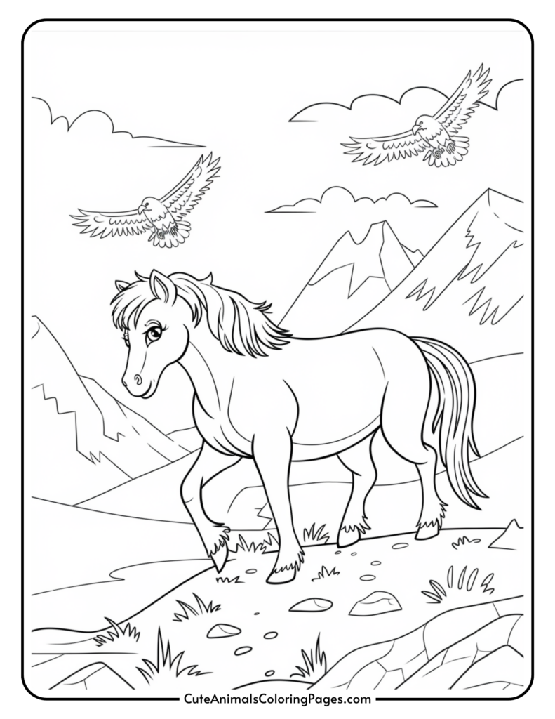 A cartoon horse standing on a mountain path with two birds flying above, surrounded by clouds and mountains.