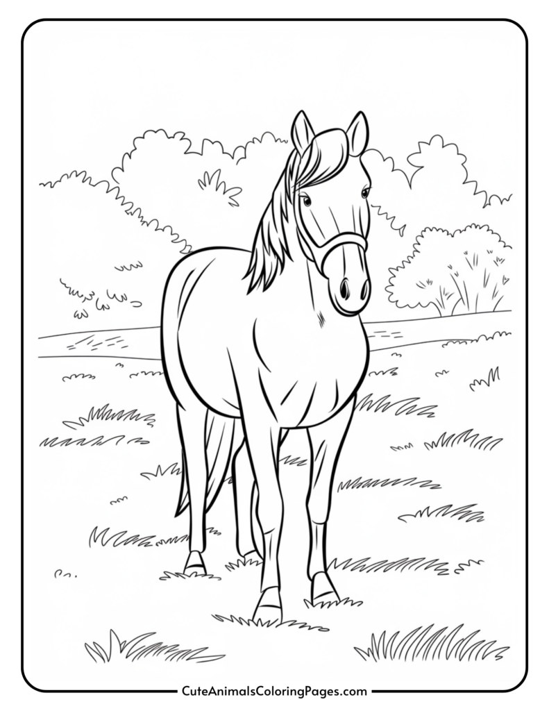 Illustration of a horse standing in a grassy field with trees in the background.