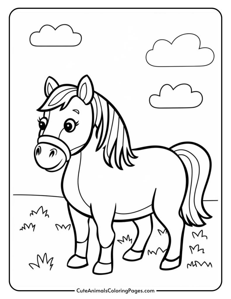 Cartoon illustration of a horse standing in a field with grass and clouds.