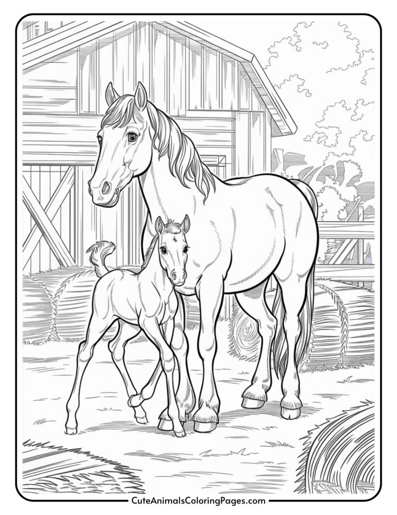 A mare and a foal standing in front of a barn with hay bales in the background.