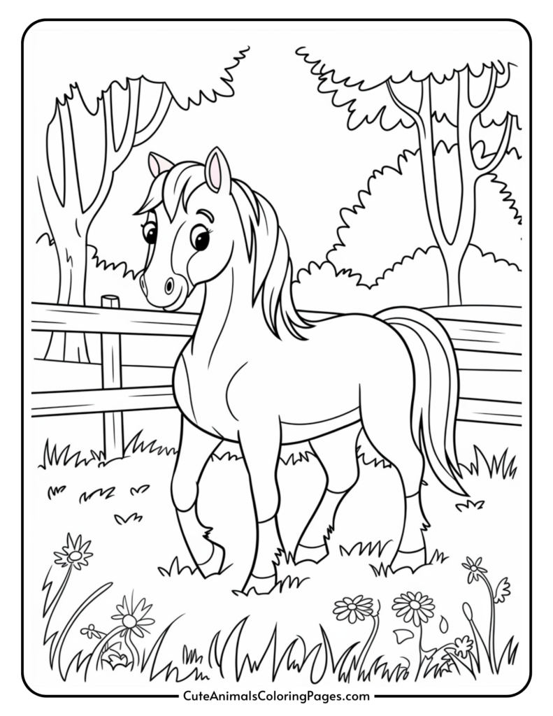 A cartoon horse in a field surrounded by trees and a fence, with flowers in the foreground.