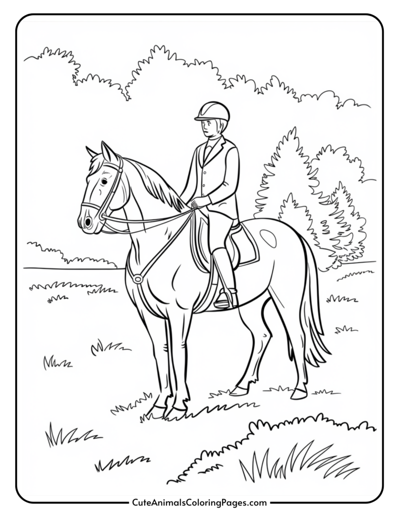 A person riding a horse in a grassy field, wearing a helmet and equestrian attire.