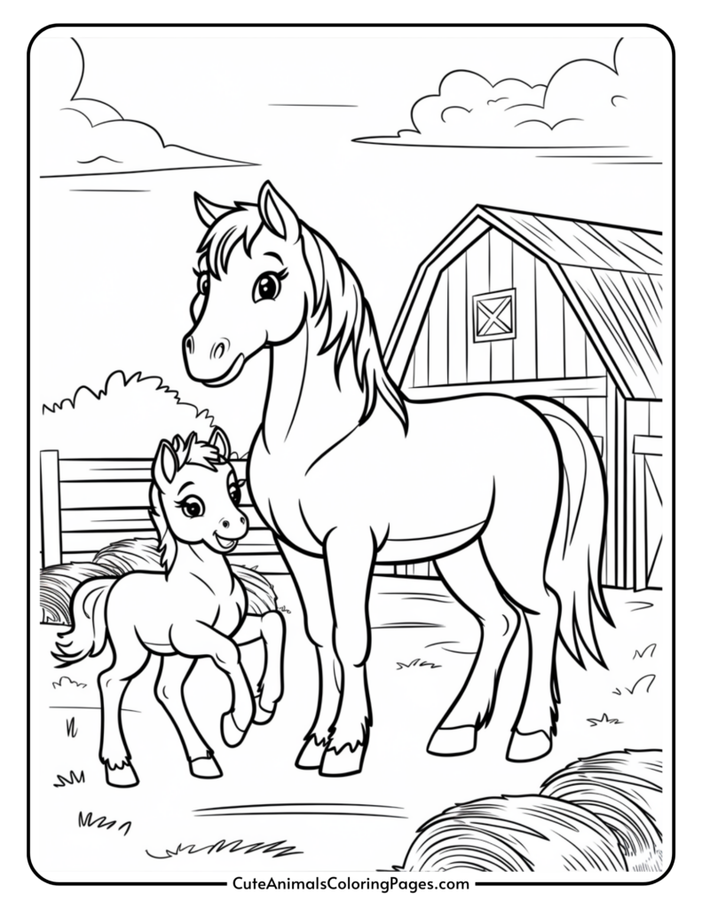 A cartoon horse and foal standing in front of a barn on a farm.