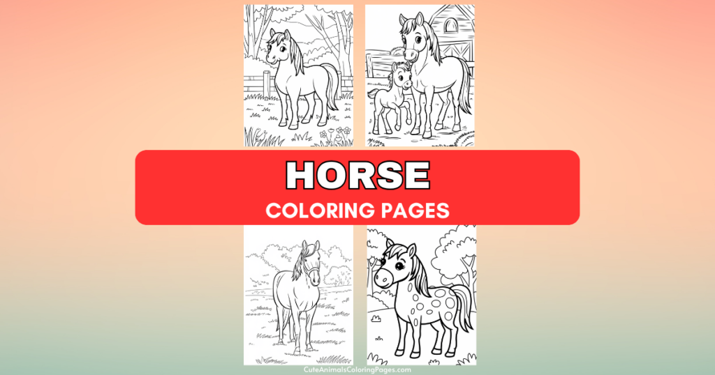 Horse coloring pages collage with four different horse illustrations against a gradient background.