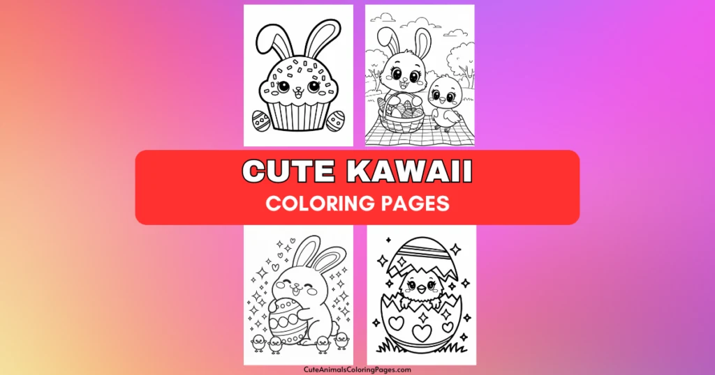 Cute Kawaii coloring pages featuring bunnies and Easter-themed illustrations with a gradient background.