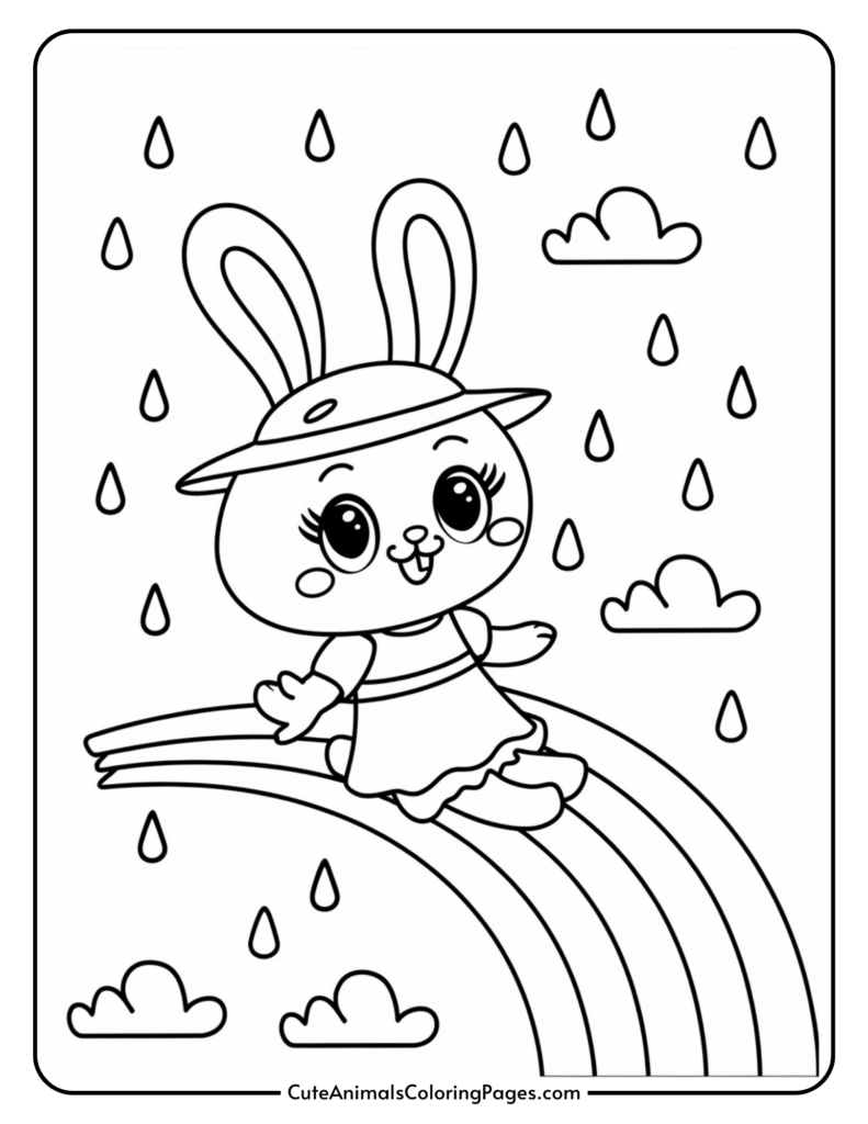 Cute bunny wearing a hat and dress, sitting on a rainbow amidst raindrops and clouds.