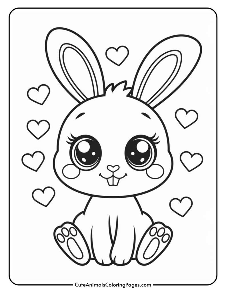 A cute cartoon bunny sitting with hearts around it.