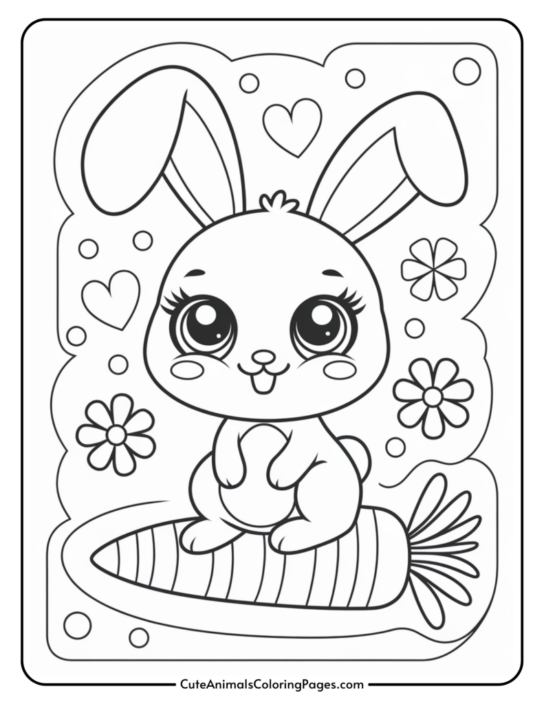 Adorable cartoon bunny sitting on a large carrot, surrounded by hearts, circles, and flowers.