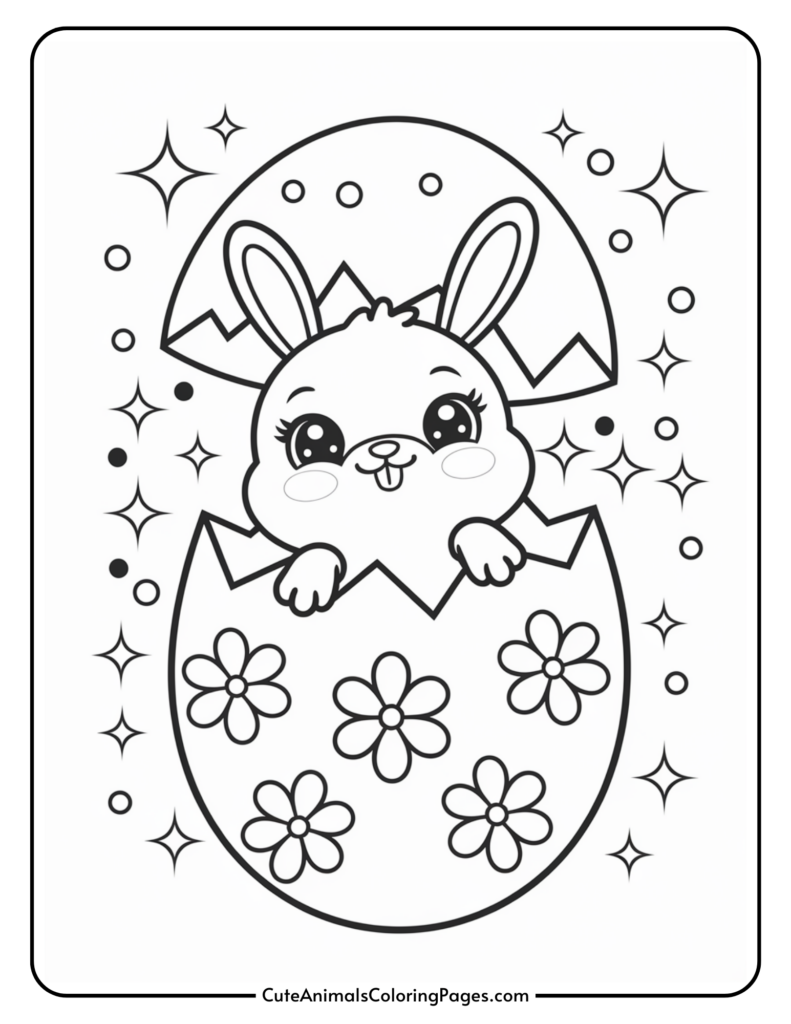 Cute bunny popping out of a decorated Easter egg with flowers and stars around.