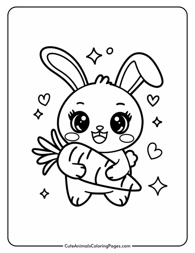 Cute cartoon bunny holding a carrot with hearts and stars around it.