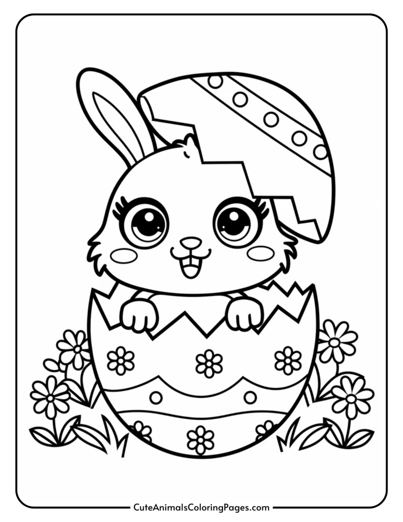 A cute cartoon bunny peeking out from a decorated Easter egg, surrounded by flowers.