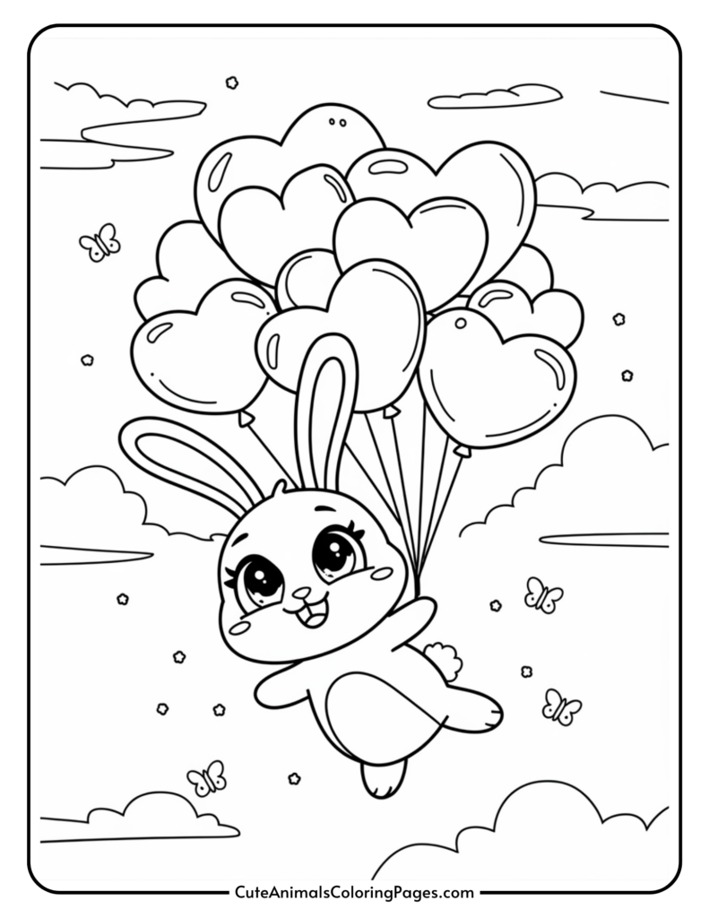 Cute bunny flying with heart-shaped balloons among clouds and butterflies.