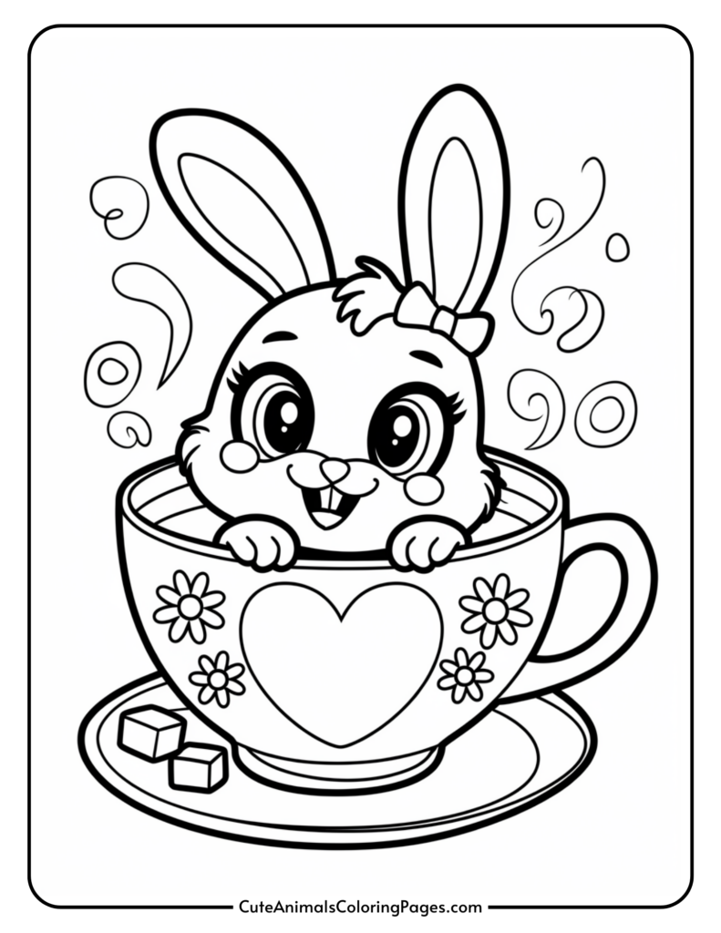 Cute bunny peeking out of a teacup with heart and flower designs, surrounded by swirls and sugar cubes.