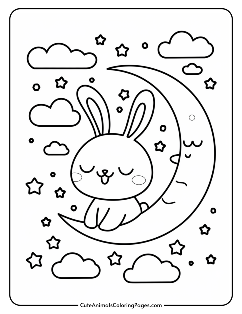 Cute cartoon bunny sleeping on a crescent moon surrounded by clouds and stars.