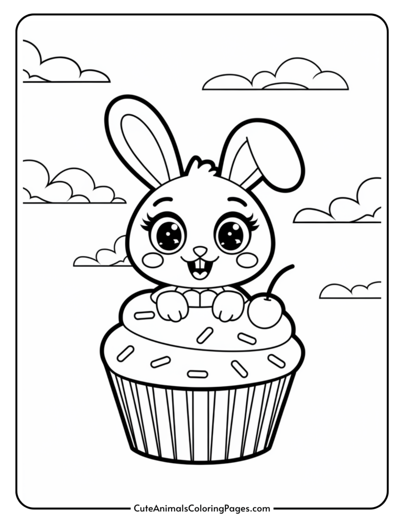 Cute bunny peeking from behind a large cupcake with sprinkles and a cherry on top, surrounded by clouds.