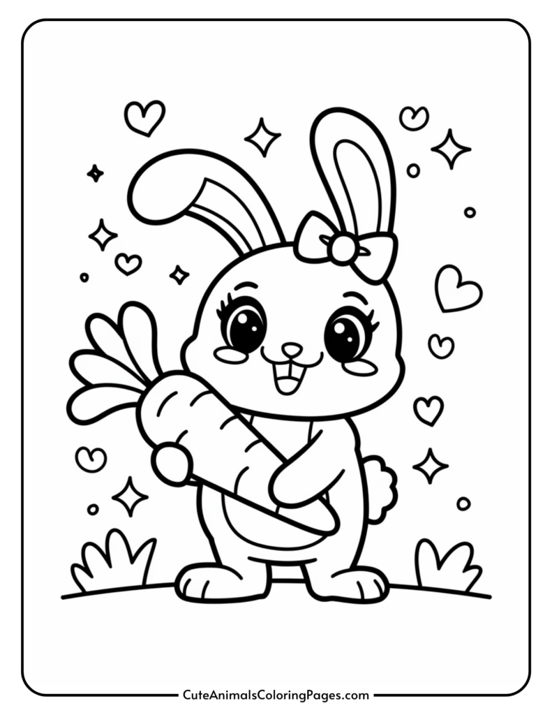 Cute cartoon bunny holding a carrot, surrounded by hearts and stars.