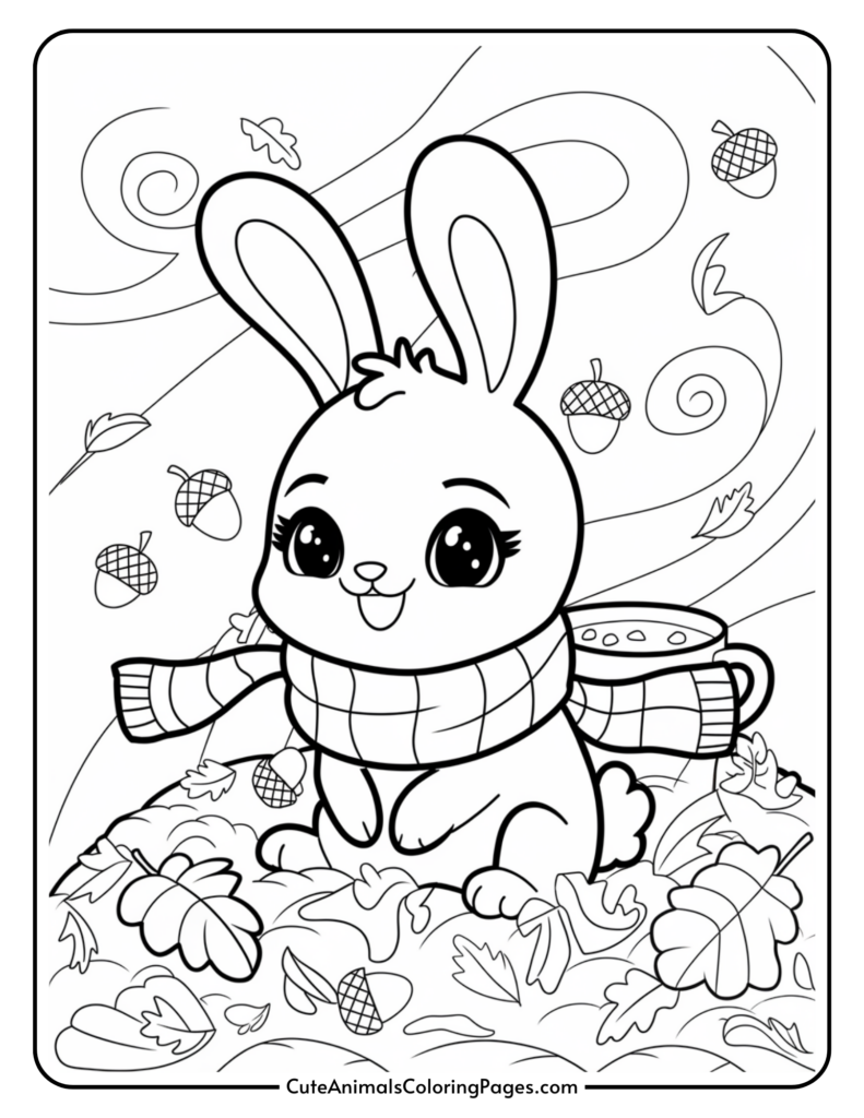 A cute cartoon rabbit wearing a scarf, surrounded by autumn leaves and acorns, with a cup nearby.