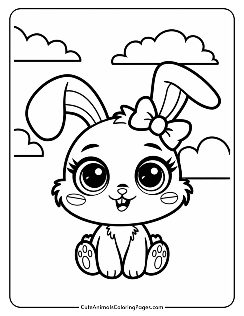 Cute cartoon bunny with a bow, sitting under fluffy clouds.