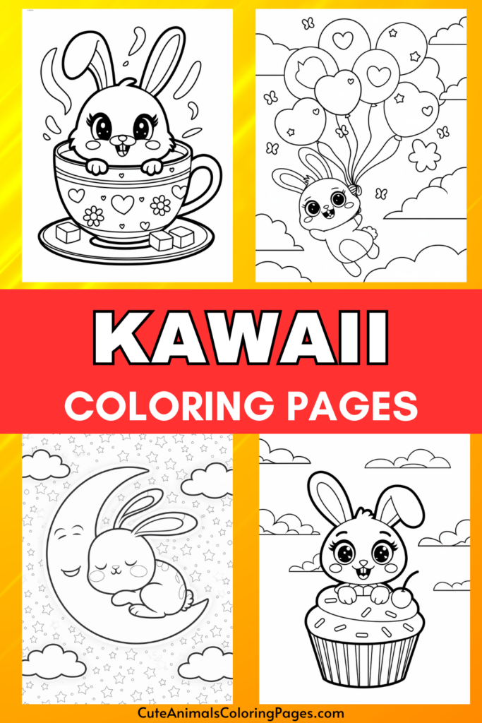 Kawaii coloring pages featuring cute bunnies with various backgrounds.